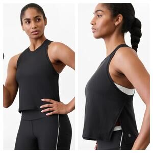 [Athleta] Black Grid Knit Singlet Side Slit Workout Tank Top NWT Size Large L